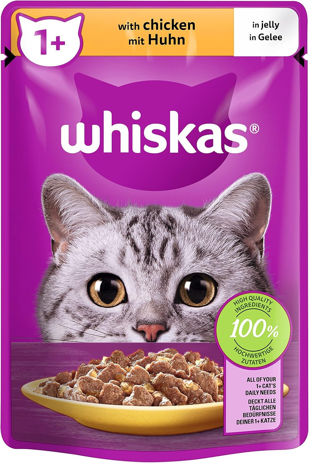 Whiskas 1+ natvoer voor katten met kip in gelei, 28x85g (1 pakje) - Hoogwaardig natvoer voor volwassen katten in 28 zakjes