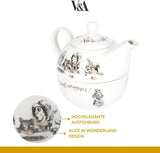 Alice in Wonderland theepot en kopjesset voor 1 persoon in geschenkverpakking, theeservies van fijn porselein, wit, 250 ml