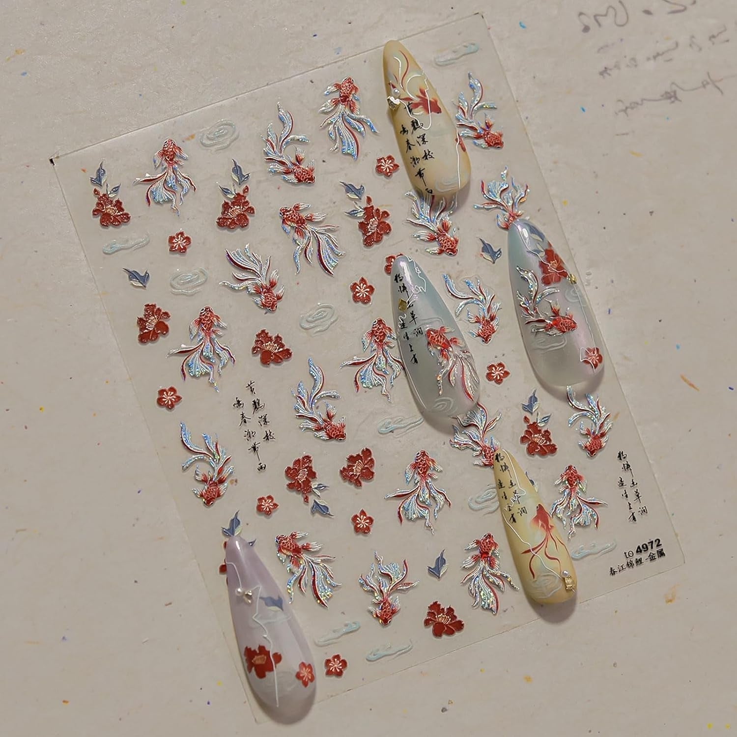 JMEOWIO 3D Nagelsticker Koi Fisch Nail Art Sticker Selbstklebend Nagelaufkleber 5D Stereoskopische Decoratie Nageldesign Zubehör 1 Blatt