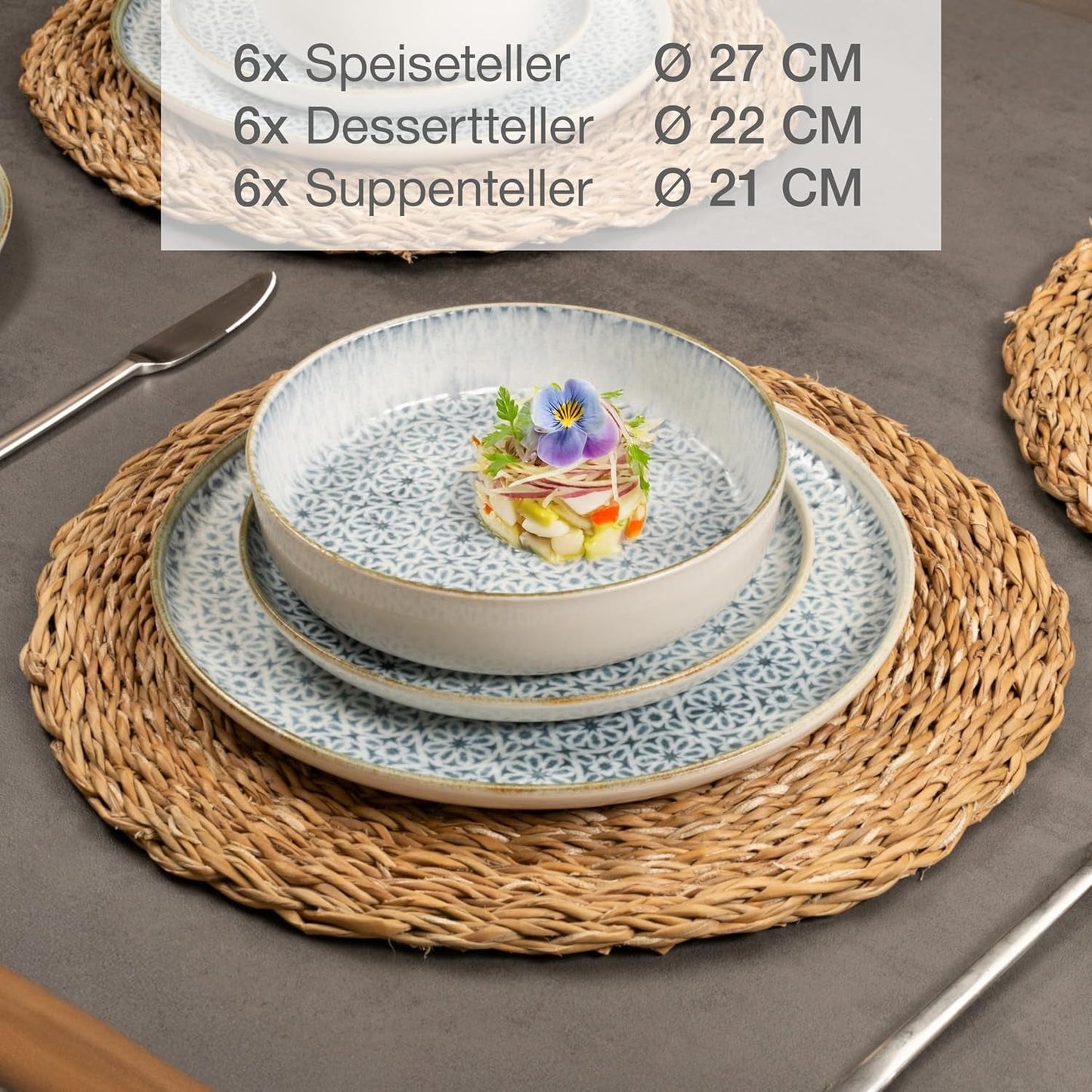 Moritz & Moritz ALHAMBRA serviesset voor 6, 18-delig, hoogwaardig porselein - modern blauw servies - onderhoudsvriendelijk set inclusief 6 dinerborden, 6 dessertborden en 6 kommen