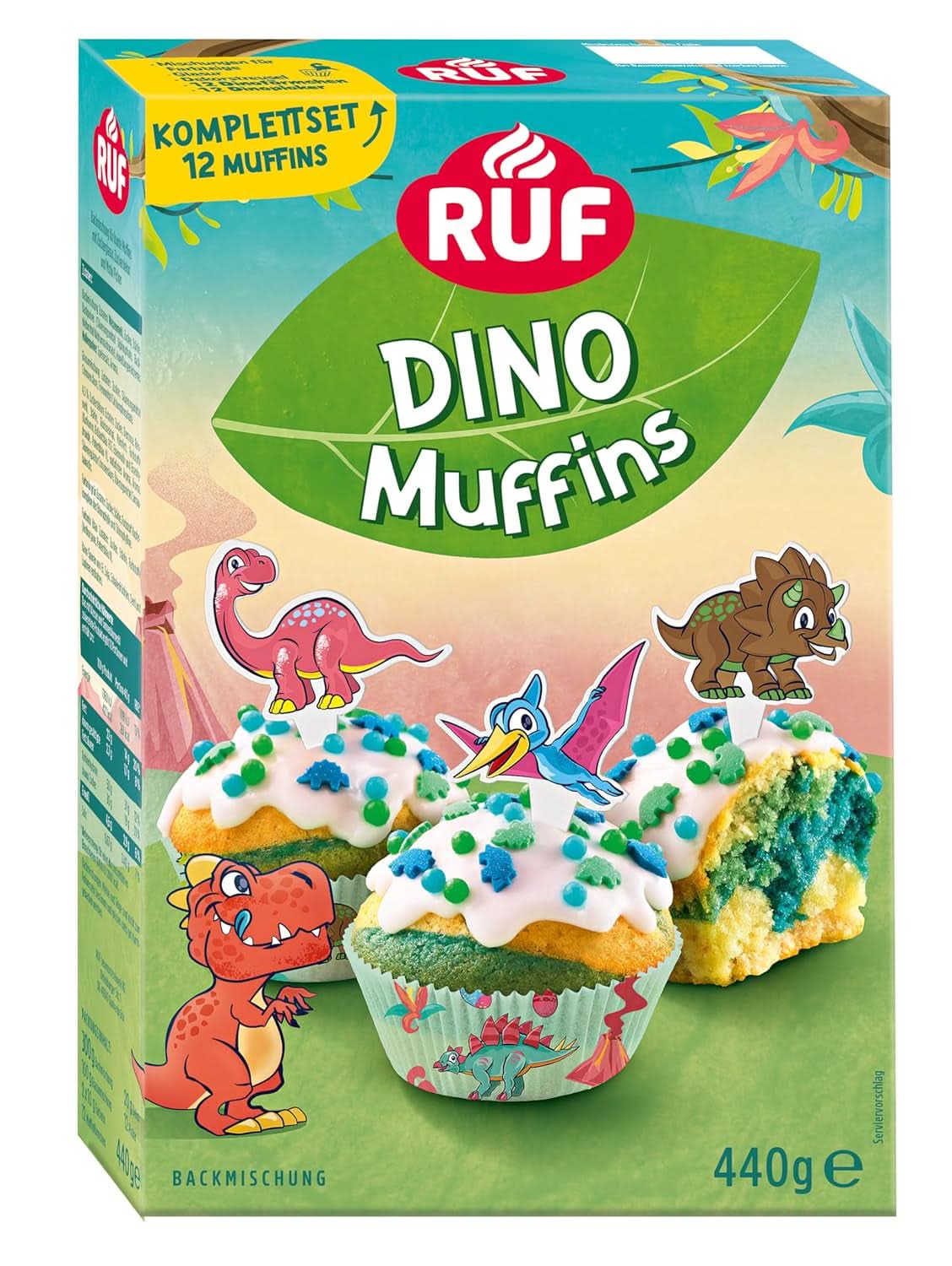 RUF Dinolino Cake, Driekleurige bladtaart met citroensmaak, 850 gram Sprinkles Naty Shop Dinomuffins