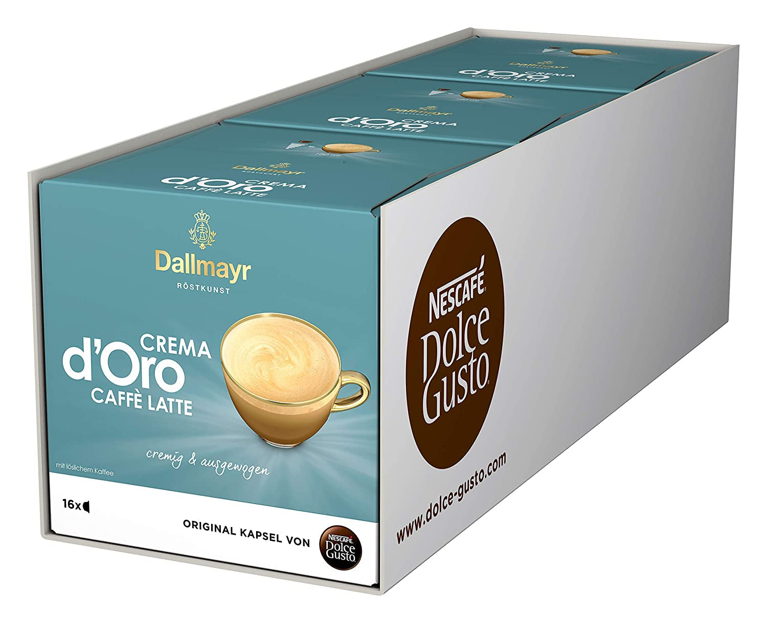 NESCAFÉ Dolce Gusto Dallmayr Prodomo, XXL-Vorratsbox, 90 Kaffeekapseln (3 x 30 Kapseln) & Dallmayr Crema d'Oro Caffè Latte (48 Kaffeekapseln, 48 Getränke, cremig&ausgefungen) 3er-pakket (3 x 16 Kapseln)