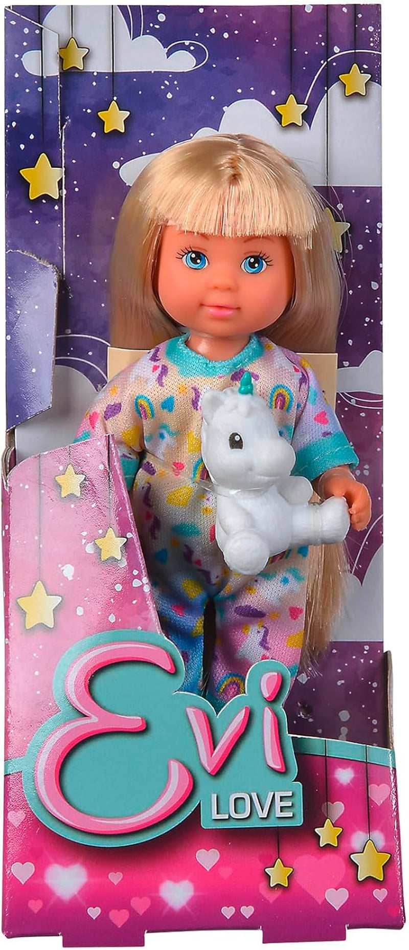 Simba Evi Love pyjama, 3 verschillende kleuren, slechts één item verzonden, pop in schattige pyjama met eenhoorn knuffel, speelpop 12 cm, vanaf 3 jaar
