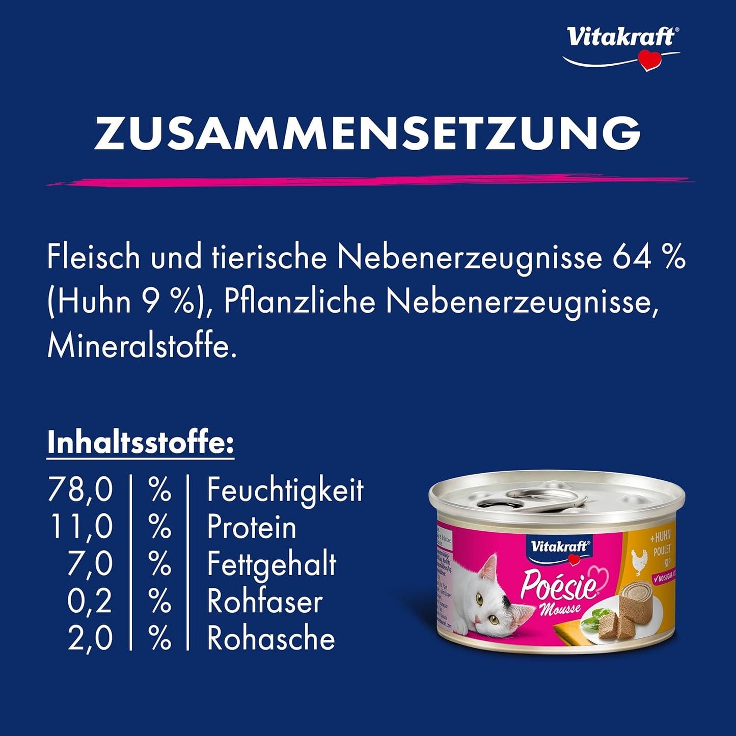 Vitakraft Poésie Mousse, kattennatvoer, luchtig schuim, met kip, zonder toegevoegde suiker of granen (12 x 85 g)