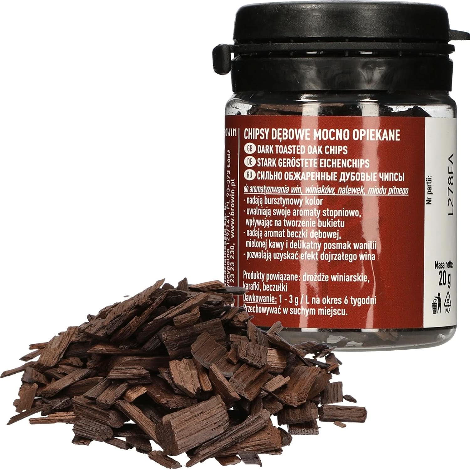 Browin Strong Roasted Oak Chips 20g - vlokken, fijne eikenhouten stokjes voor het op smaak brengen van alcohol, bruin Aroma's Naty Shop