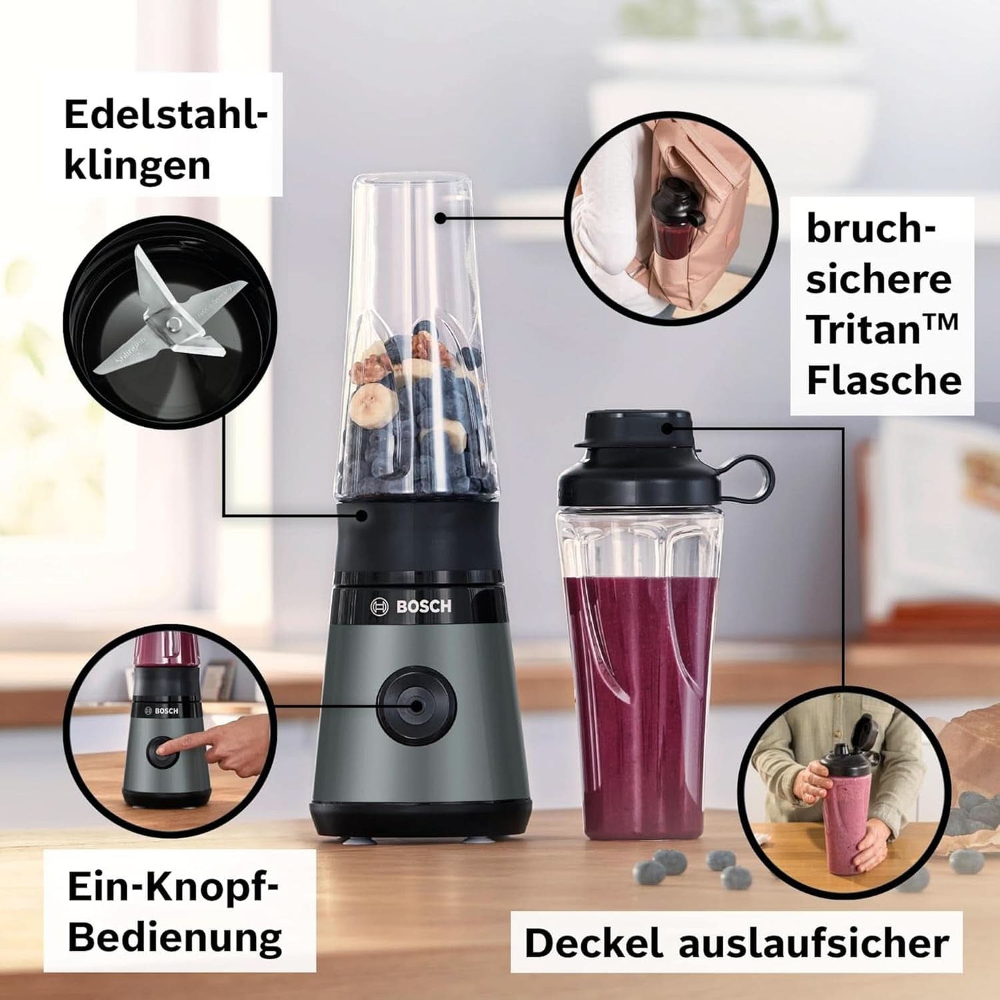 Bosch Mini-Standmixer Vitapower Serie 2 MMB2111S, Highspeed-Mixer, Bis Zu 40.000 Rpm, Tritan Togo-Flasche 0,6 L, Trinkdeckel, Bruchsicher, Spülmasch.Geeignete Teile, 450W, Zilver/Schwarz Keuken Naty Shop