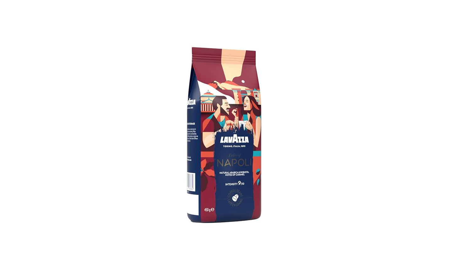 Lavazza, Tales of Napoli, koffiebonen, ideaal voor espressomachines, met aromatische tonen van cacao en karamel, Arabica en Robusta, intensiteit 9/10, intens gebrand, 450 g