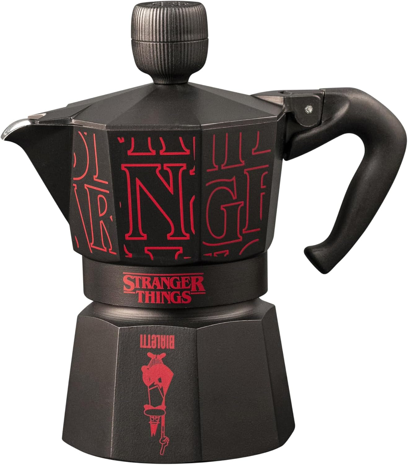 Bialetti Moka Express Stranger Things 3-kops koffiezetapparaat, Muziekknop met USB-C oplaadfunctie, Niet geschikt voor inductiekookplaten, 3 kopjes (130 ml), Zwart