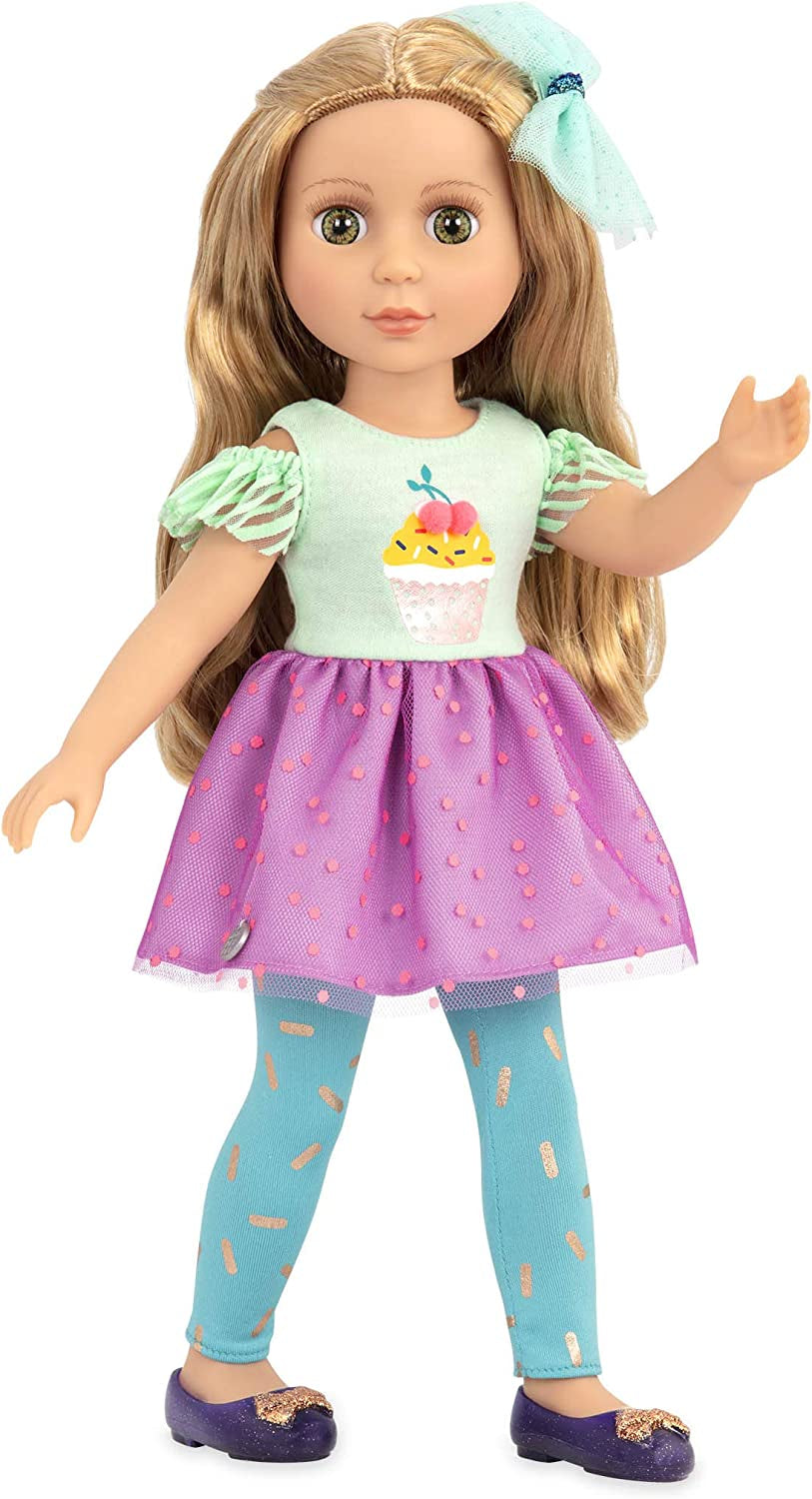 Glitter Girls - Sashka - 36 cm Bewegliche Modepuppe - Blond Haar en Groen Augen - Cupcake-Kleid met Haarschleife - Glitzerschuhe & Gepunktete-Leggings - 3 Jahre +