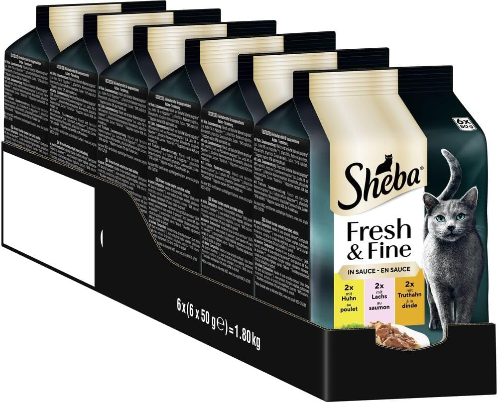 Sheba Portion Pouches Natvoer voor katten, multipack Fresh & Fine in saus met MSC kip en zalm, 6x6x50g - Fijne maaltijden voor katten in saus