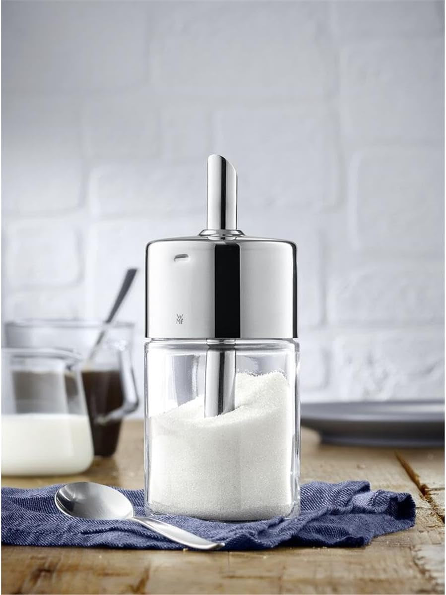 WMF Barista suikerstrooier 240 g, glas, suikerdispenser, Cromargan gepolijst roestvrij staal, ideaal voor witte/bruine suiker, cacao of als specerijenshaker