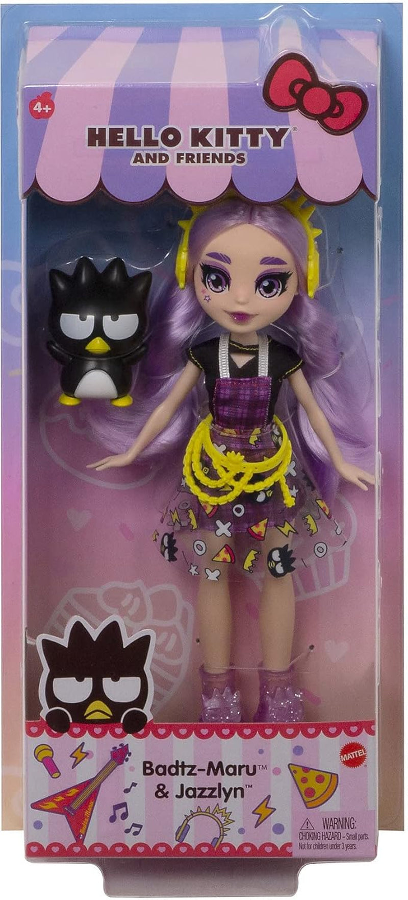 Mattel Hello Kitty GWW98 - Sanrio Badtz-Maru-figuur en Jazzlyn-pop (ca. 25,4 cm) met kleding en accessoires, lang lila haar en trendy outfit, cadeau voor kinderen vanaf 3 jaar