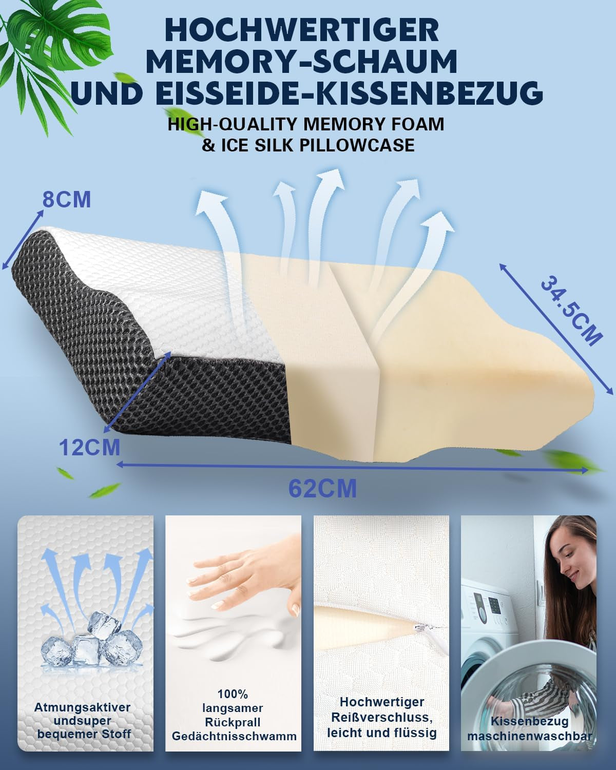 IDEA Kussen, Ergonomisch Orthopedisch Kussen voor Nekpijn, Memory Foam Kussen voor Zij-, Rug- en Buikslapers, Anti-Snurkkussen voor Mannen Vrouwen (62 * 34,5 * 12/8CM) Cervicale Orthopedische Kussens Naty Shop