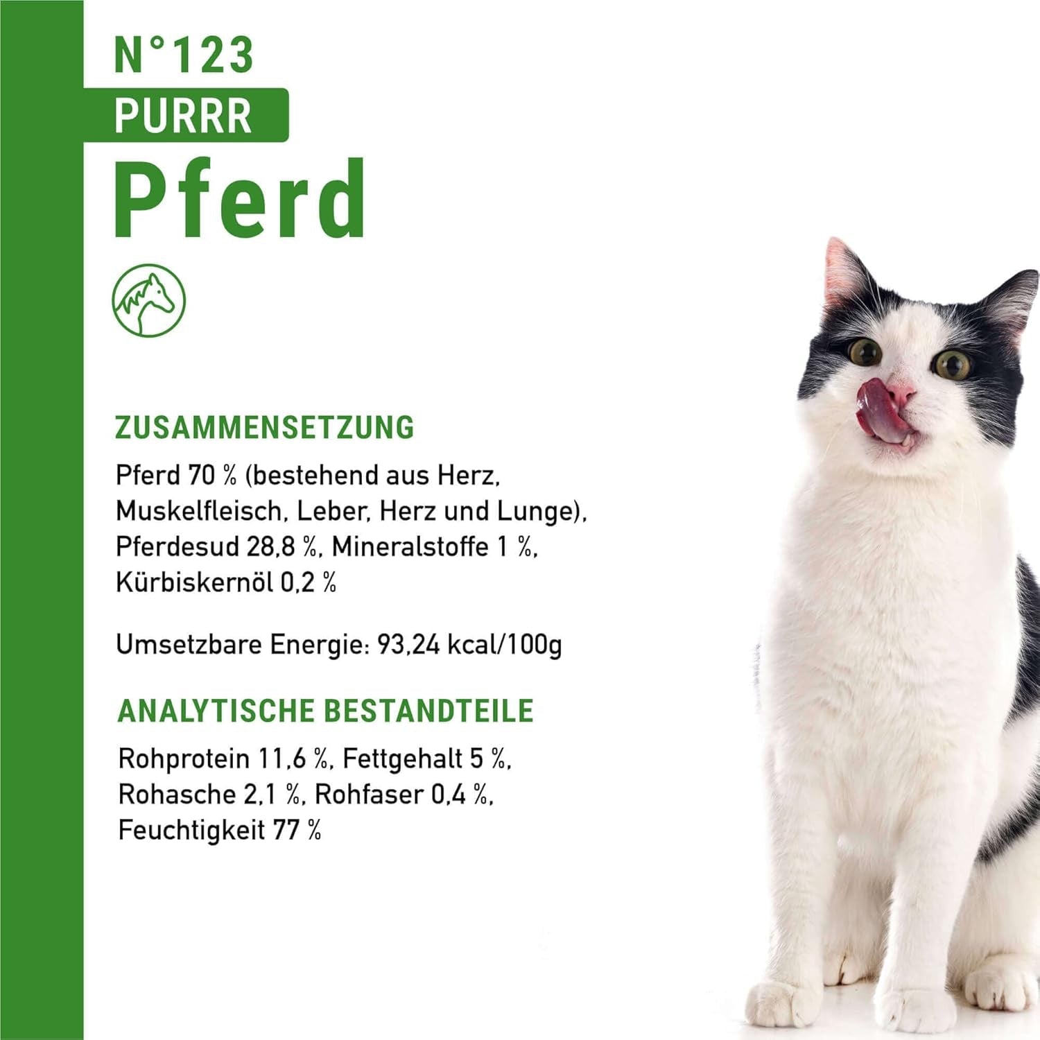 Natvoer voor katten Catz Finefood Purrrr Paard Monoproteïne nr. 123, voor katten met een gevoelige spijsvertering, 70% vleesgehalte, 6 dozen x 400 g