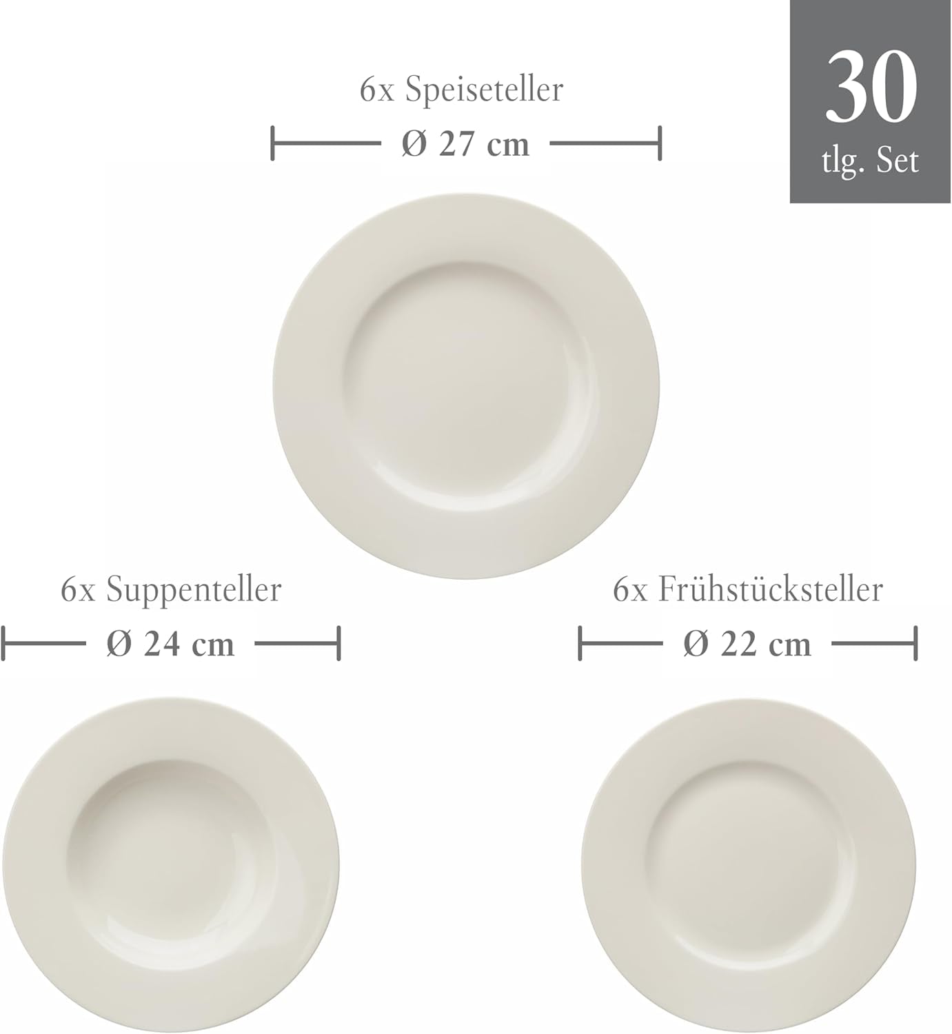 vivo - Villeroy & Boch Groep - Basic Wit 30-delig servies, vaatwasser- en magnetronbestendig, Wit servies, Koffieservies, Keramiek, Borden, Kopjes, Premium porselein