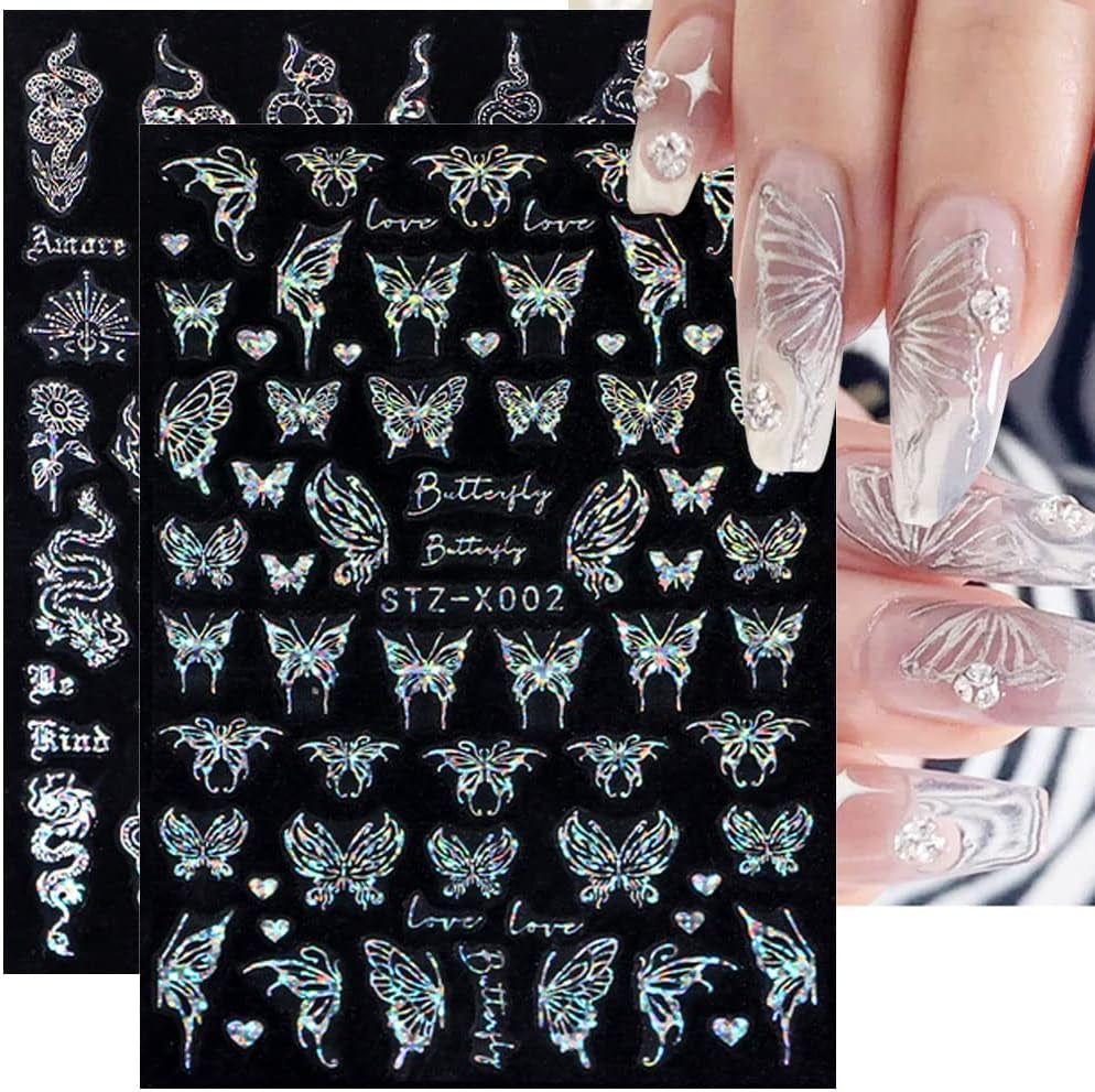 6 Blatt Schmetterling Nagelsticker Selbstklebend Laser Zilver Schmetterlings Nagelaufkleber 3D Aurora Silber Schwarz Schmetterlinge Nagelstickers Frühling Nageldesign Nagelsticker Nail Art Zubehör
