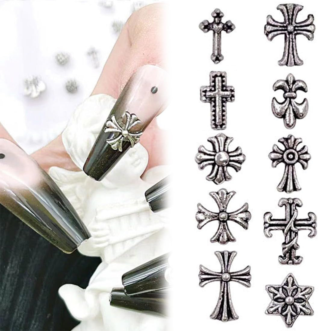 100 stuks 3D kruisnagelsleutelhangers, kruisspijkersleutelhangers, chromen nagelsleutelhangers, vintage nagelaccessoires, doe-het-zelf nageldecoraties, voor vrouwen en meisjes, doe-het-zelf nageldecoraties