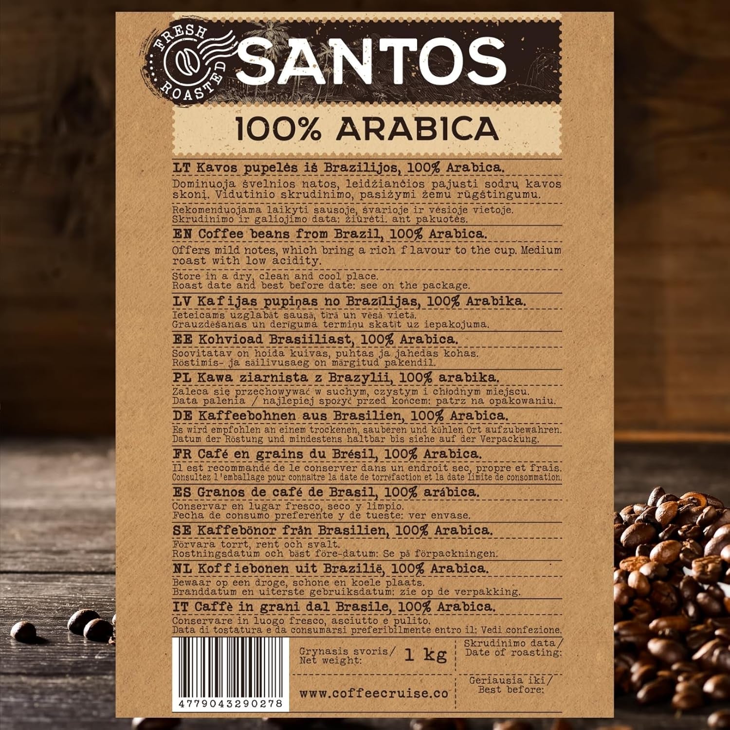 KOFFIECRUISE Santos Kaffeebohnen 1kg - Mittlere Röstung - Aroma Caramel - Für All Kaffeemaschinen - 100% Arabisch