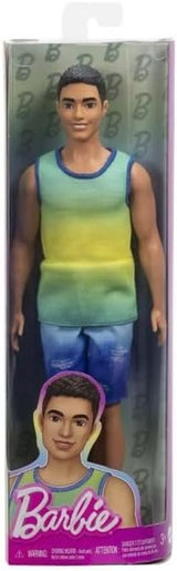 Ken Barbie Fashionistas pop nr. 236 met zwart haar, groenblauw ombré tanktop, spijkerbroek en zilveren sneakers, HYV00