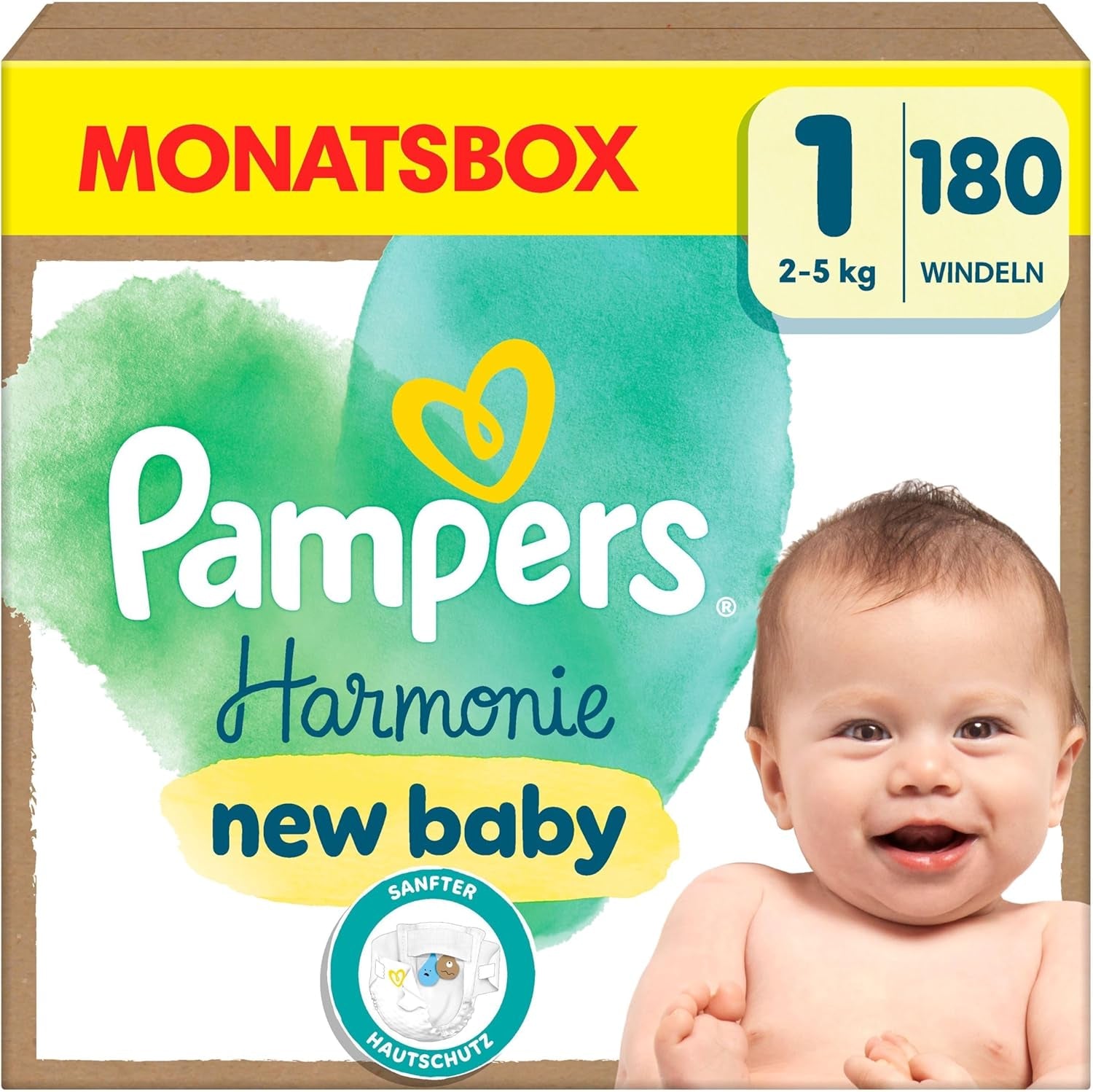 Pampers Harmony luiers maat 1, 180 luiers, 2kg-5kg, zachte huidbescherming met 100% Pampers bescherming