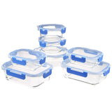 Amazon Basics Voedselcontainers met luchtdichte glazen deksels 14-delige set BPA-vrij 7 containers en 7 deksels Helder met blauwe siliconentape Naty Shop Voedselbewaardozen 14-delige set