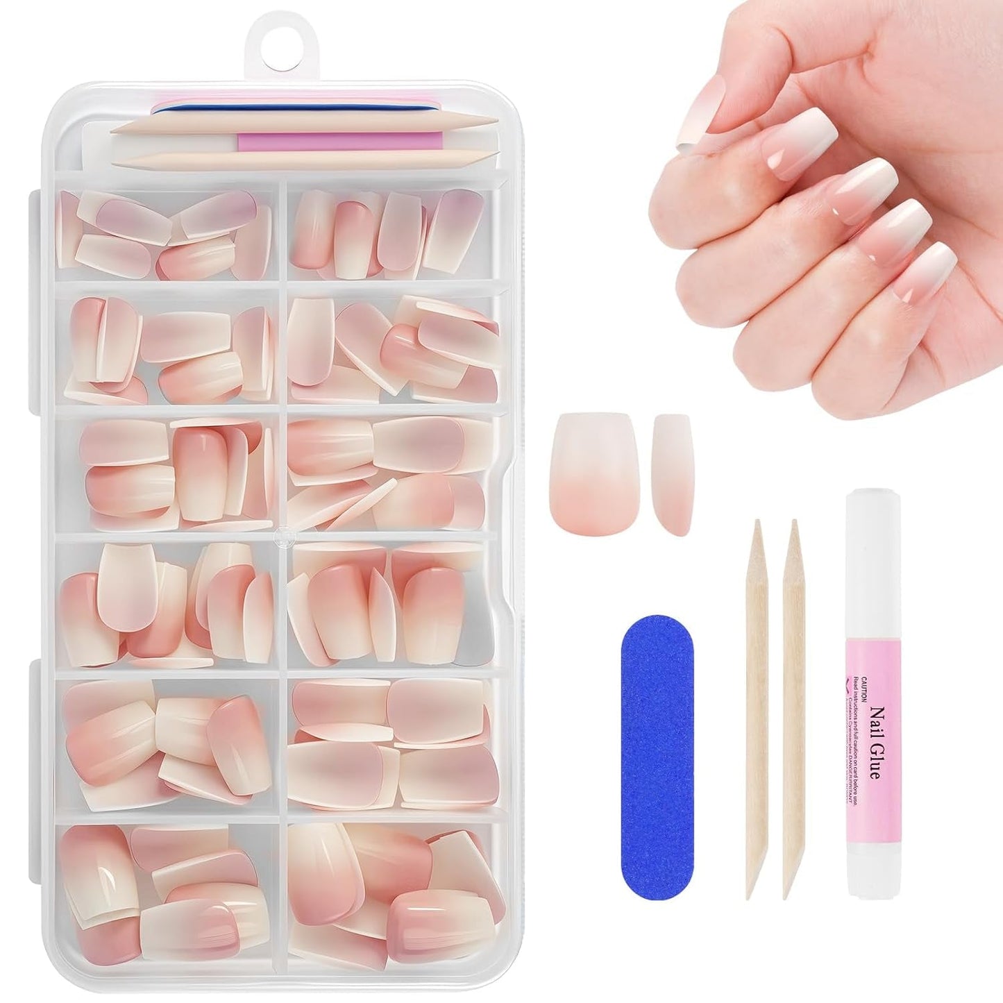 240-delige set valse nageltips, French Press op kunstnagels, pers op Franse nagels, 12 maten, nepnagels met lijm voor dames en heren (naakt wit medium amandel)