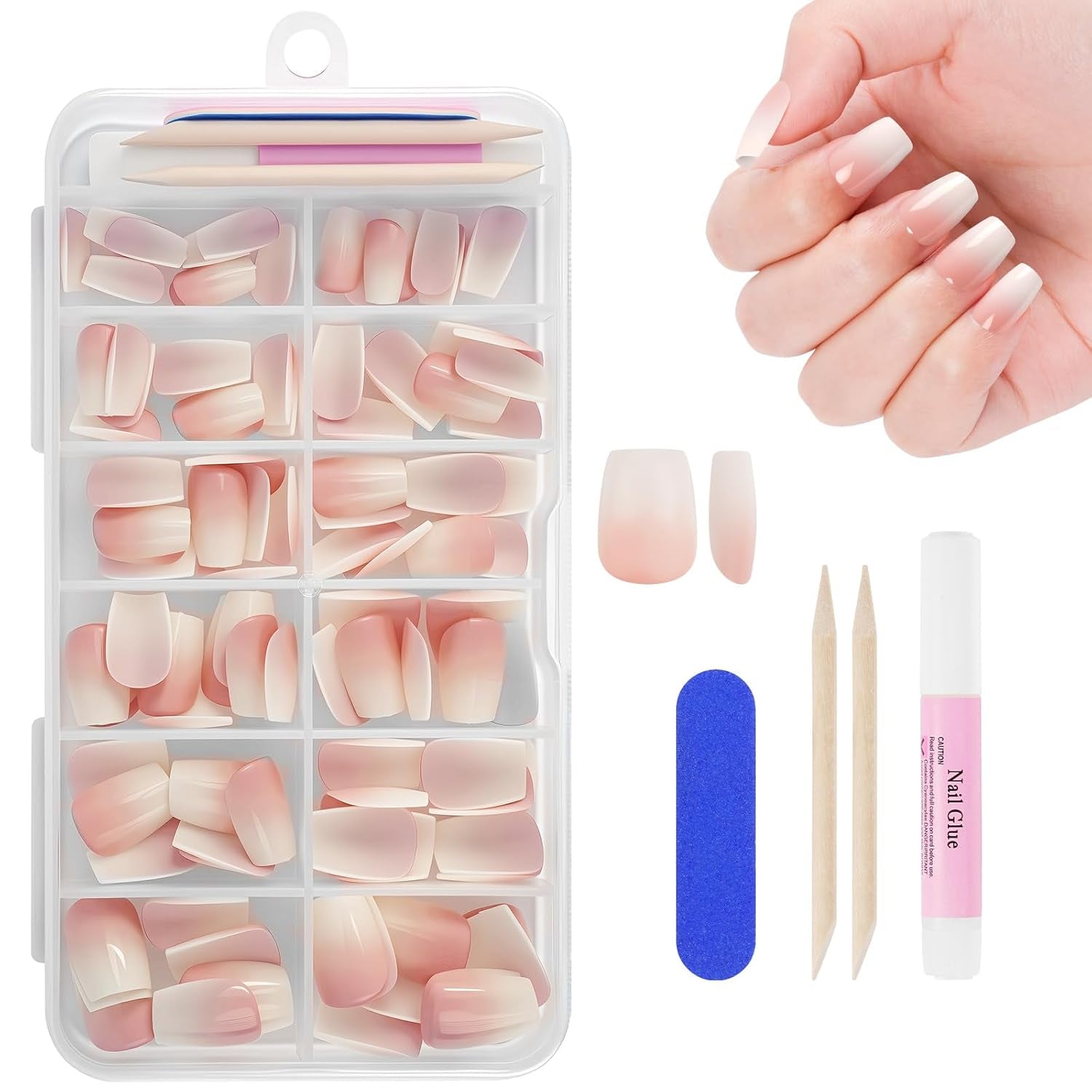 240-delige set valse nageltips, French Press op kunstnagels, pers op Franse nagels, 12 maten, nepnagels met lijm voor dames en heren (naakt wit medium amandel)