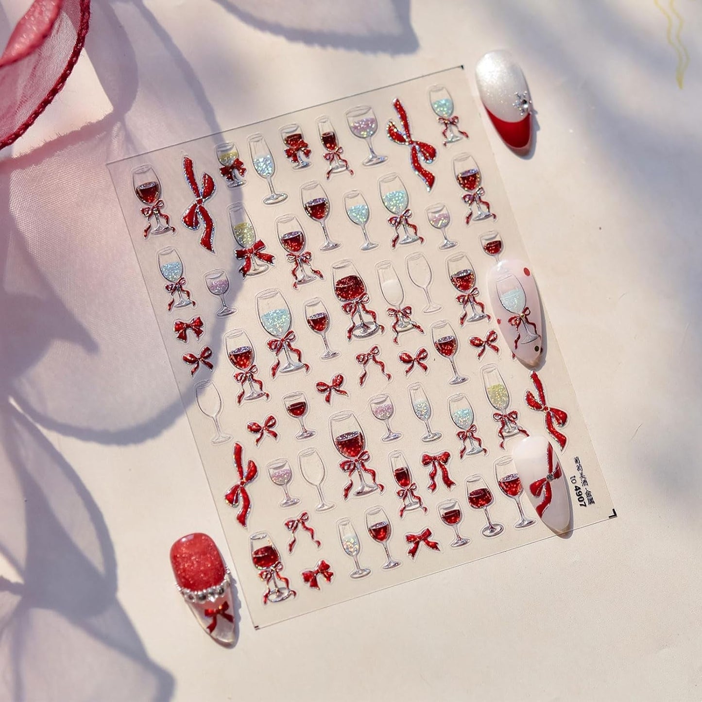 JMEOWIO 3D Nagelsticker Roter Kelch Mit Schleife Nail Art Sticker Selbstklebend Nagelaufkleber 5D Stereoskopische Decoratie Nageldesign Zubehör 1 Blatt