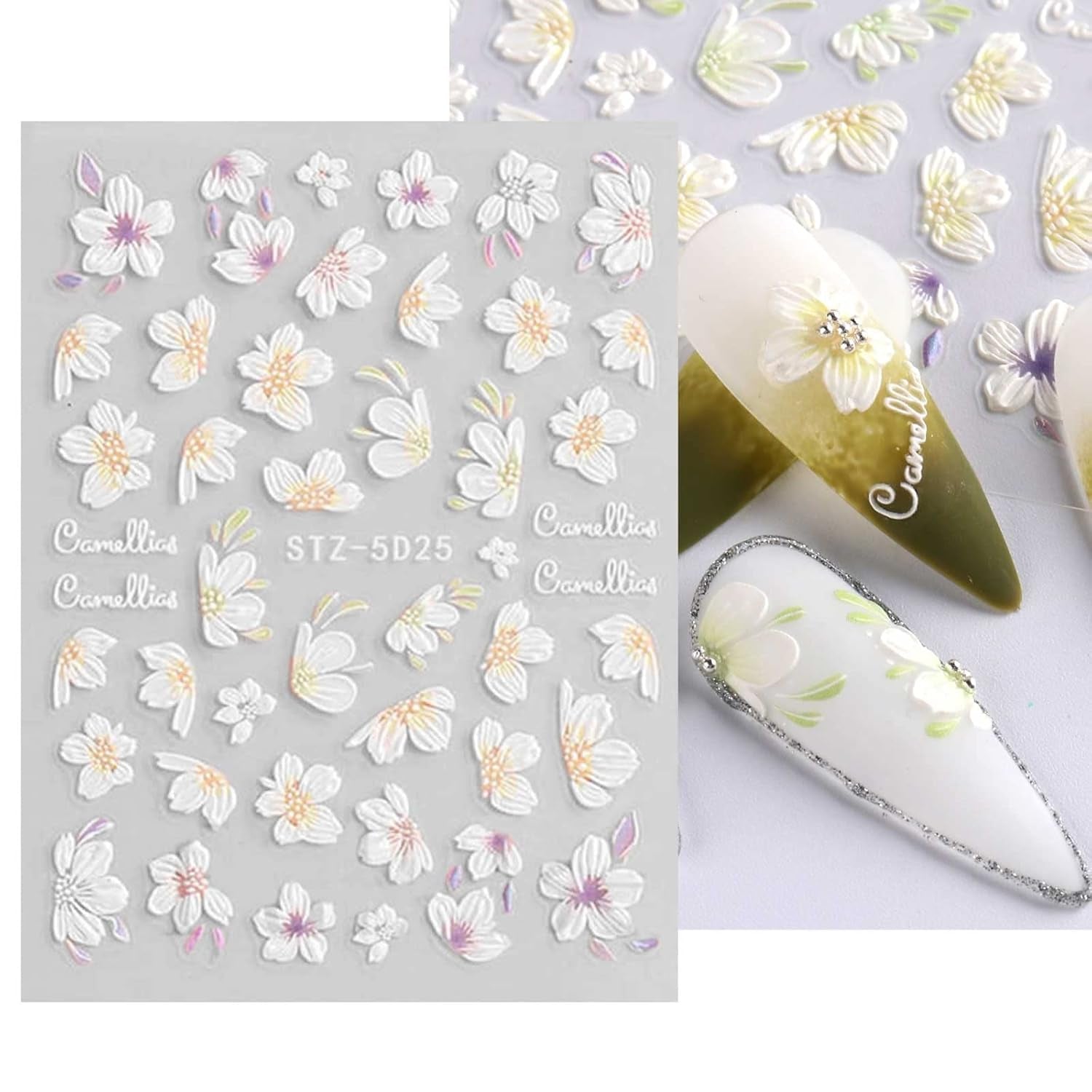 JMEOWIO 3D Nagelsticker Frühling Blume Nail Art Sticker Selbstklebend Nagelaufkleber 5D Stereoskopisch Blumen Decoratie Nageldesign Zubehör 4 Blatt