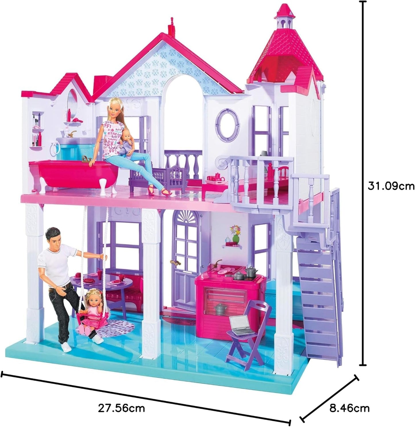 Simba 104661996 - Steffi Love Dreamhouse, groot speelhuis, 4 kamers, GEEN POPPEN, 84 cm hoog, twee niveaus, functionele bel, inklapbare Naty Shop poppenhuizen