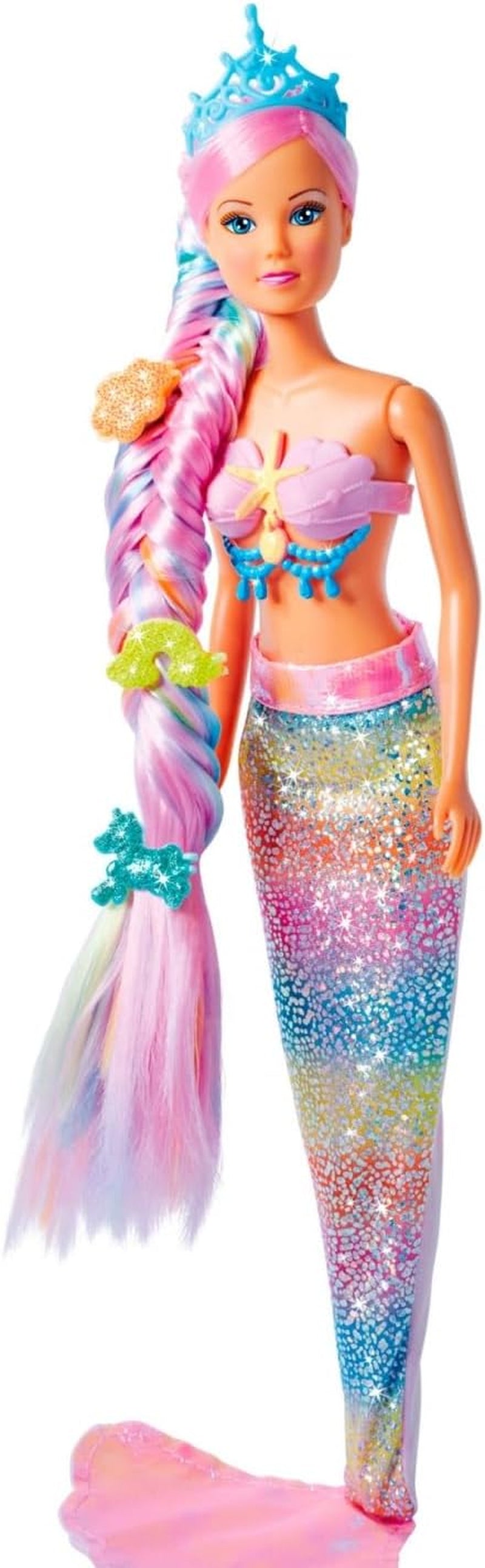 Simba 105733610 - Steffi Love Rainbow Mermaid, regenboog zeemeermin aankleedpop met kleurrijk haar, haarclips, kam en afneembare vin, speelpop 29 cm, vanaf 3 jaar Poppen Naty Shop