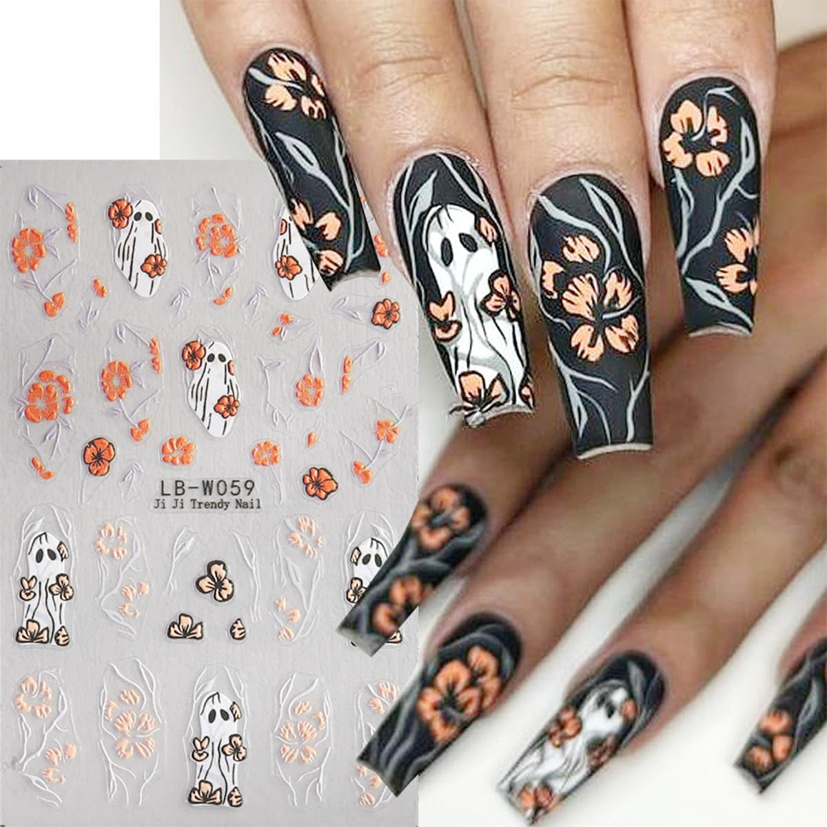 JMEOWIO Nagelsticker Halloween 9 Blatt Nail Art Sticker Selbstklebend Nagelaufkleber Süße Geisterblume Decoratie Nageldesign Zubehör