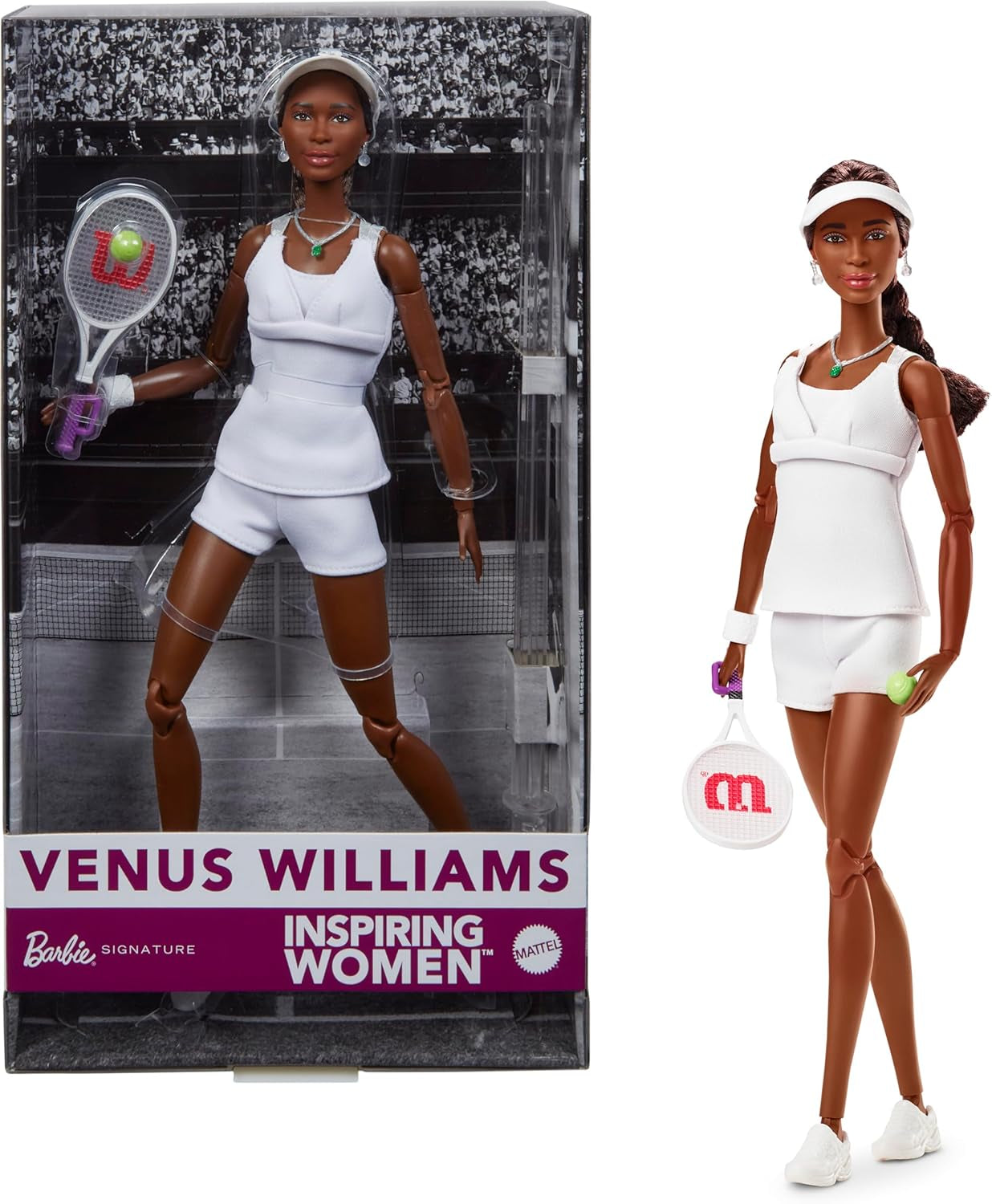 Barbie Inspiring Women Series Venus Williams modepop met gesigneerd uniform en tennisracket inclusief presentatiedoos HRM49