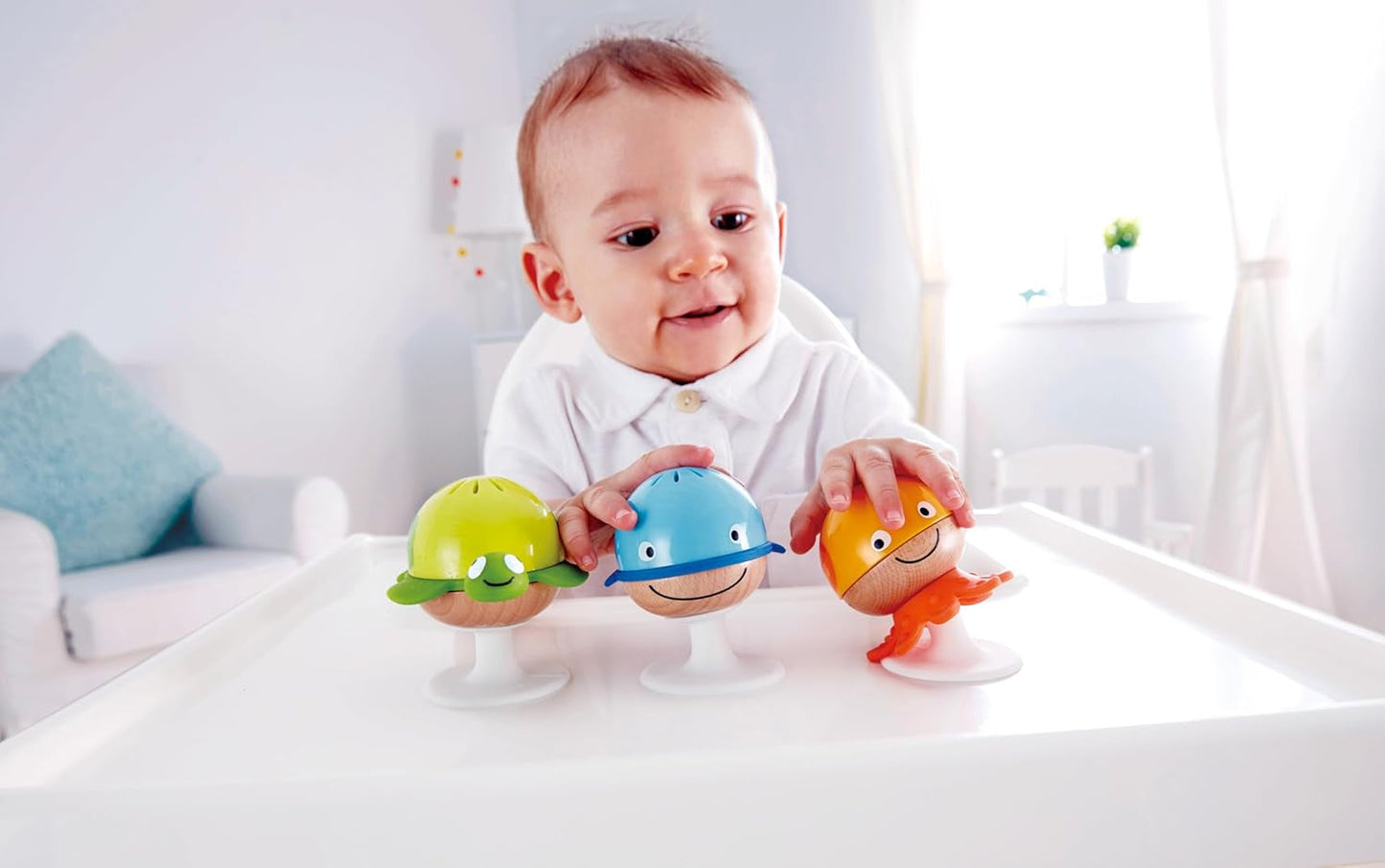 Rammelaarset met zuignap Hape | Drie dieren met bijtringelementen, schildpad, octopus en walvis | Leerspeelgoed vanaf 0 maanden Bebe Toys Naty Shop
