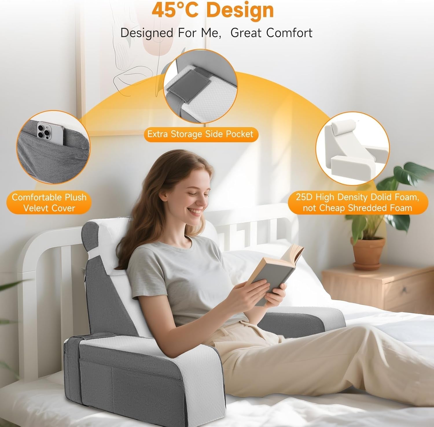 Groot leeskussen met afneembare neksteun en armleuningen, rugkussen voor bed, ergonomisch rugkussen met arm, zak en wasbare hoes voor lezen en tv kijken.