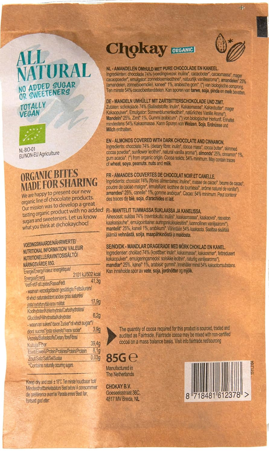 Set van 4 biologische hapjes - Kaneelamandelen/kaneelamandelen in Belgische pure chocolade/zonder toegevoegde suiker, zonder zoetstoffen/VEGAN & FAIR TRADE / 4 x 85g
