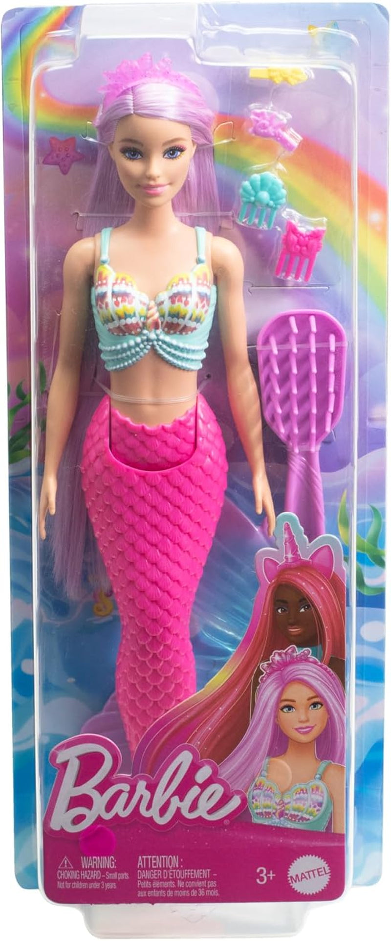 Barbie Zeemeerminpop - met lang roze haar en aangepaste stylingaccessoires, waaronder borstel, mooie schelp en roze vinnen, voor kinderen vanaf 3 jaar, HRR00 Naty Shop-poppen