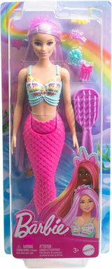 Barbie Zeemeerminpop - met lang roze haar en individuele stylingaccessoires, waaronder borstel, mooie geschulpte punt en roze staartvin, voor kinderen vanaf 3 jaar, HRR00