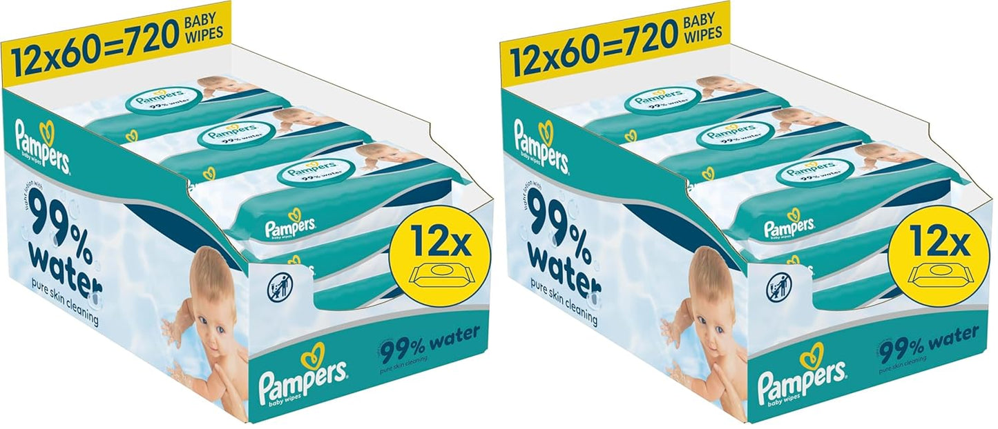 Pampers 99% water-babydoekjes, 12 pakjes van 60 doekjes = 720 babydoekjes, lichte lotion 99% water