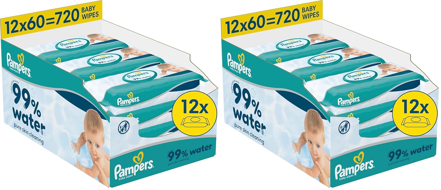Pampers 99% water-babydoekjes, 12 pakjes van 60 doekjes = 720 babydoekjes, lichte lotion 99% water