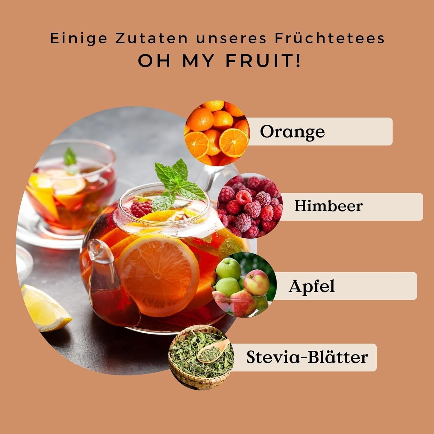 Oh My Fruit BIO fruitthee 100 g (50 kopjes) | Losse vruchtenthee met appels, hibiscus, frambozen, sinaasappels en steviabladeren REPLANTEA
