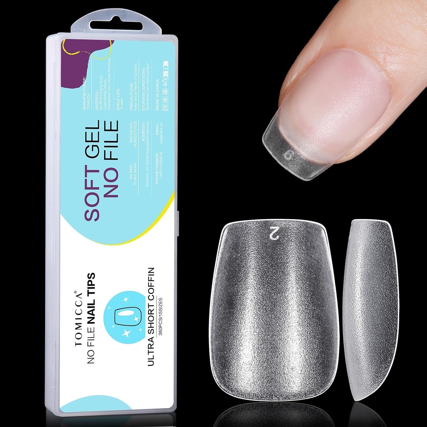 TOMICCA Coffin Tips Ultrakorte nageltips - nageltips, zachte geltips, volledige dekking, voorgevormde matte kunstnageltips, gelnageltips - 360 stuks, 15 maten