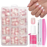 Kunstnagels set - 240 stuks Franse nepnagels lijm op - roze wit gradiënt ontwerp kunstnagels volledige dekking zachte gel natuurlijk en comfortabel om te dragen (roze amandel)
