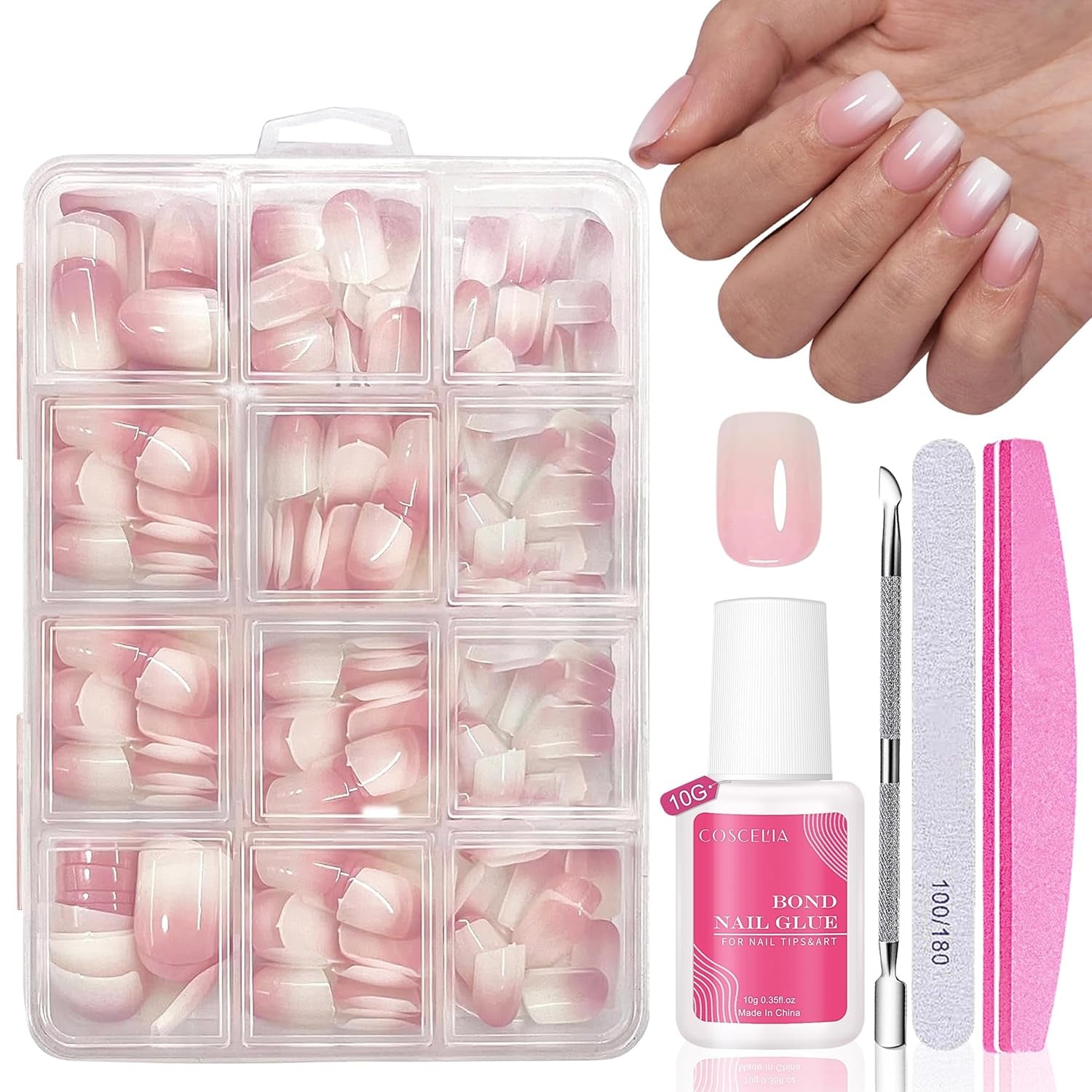 Kunstnagels set - 240 stuks Franse nepnagels lijm op - roze wit gradiënt ontwerp kunstnagels volledige dekking zachte gel natuurlijk en comfortabel om te dragen (roze amandel)