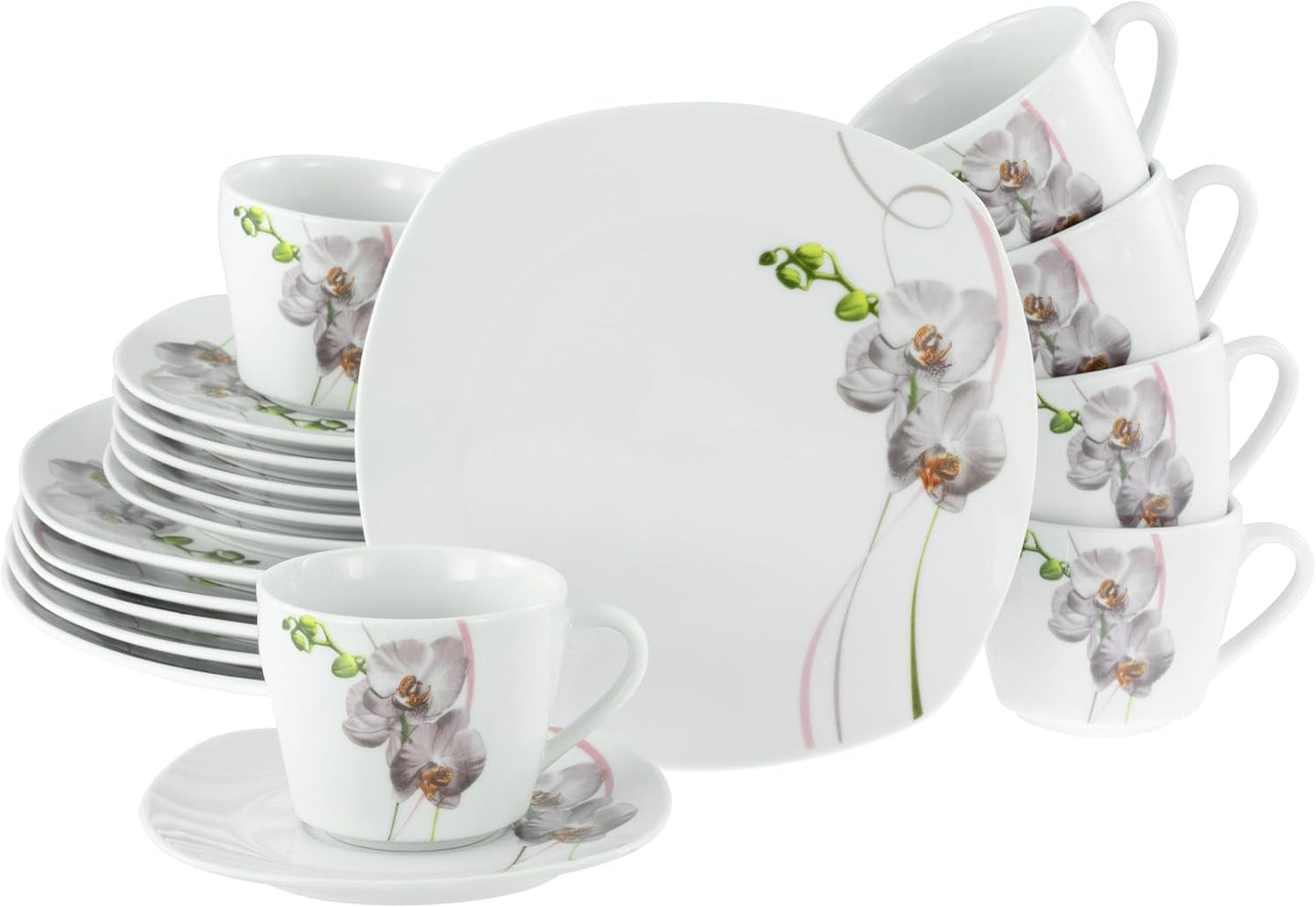 CreaTable, 24024, Square Orchid-serie, 18-delige serviesset voor 6 personen, porseleinen koffieservies, vaatwasmachine- en magnetronbestendig, kwaliteitsproductie