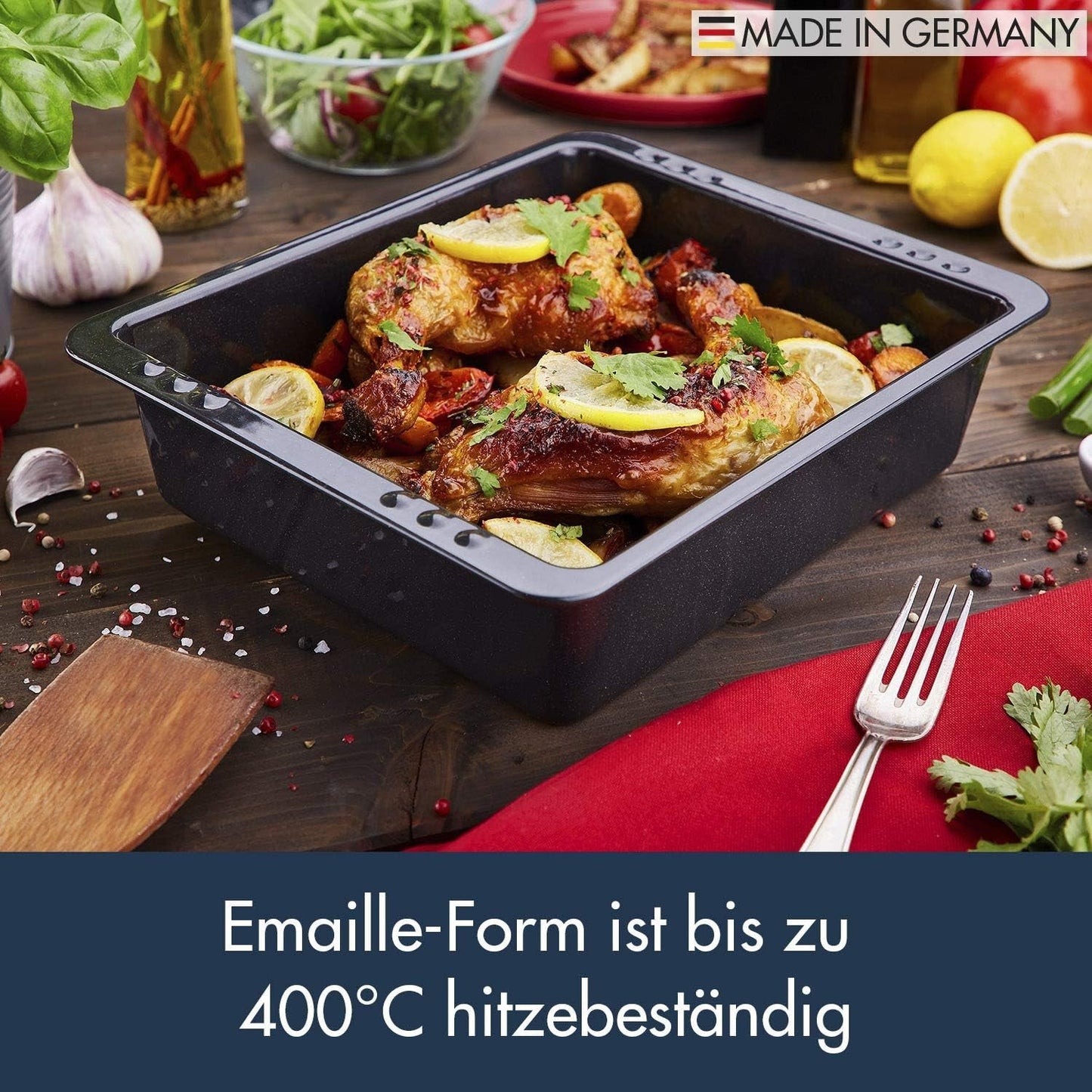 Chg SET 341-46-60 Extra Tiefe Ofenform (7,0 Cm) "Emaille" Mit Profi-Pfannenwender", Schwarz Gesprenkelt Vormen en bakplaten Naty Shop