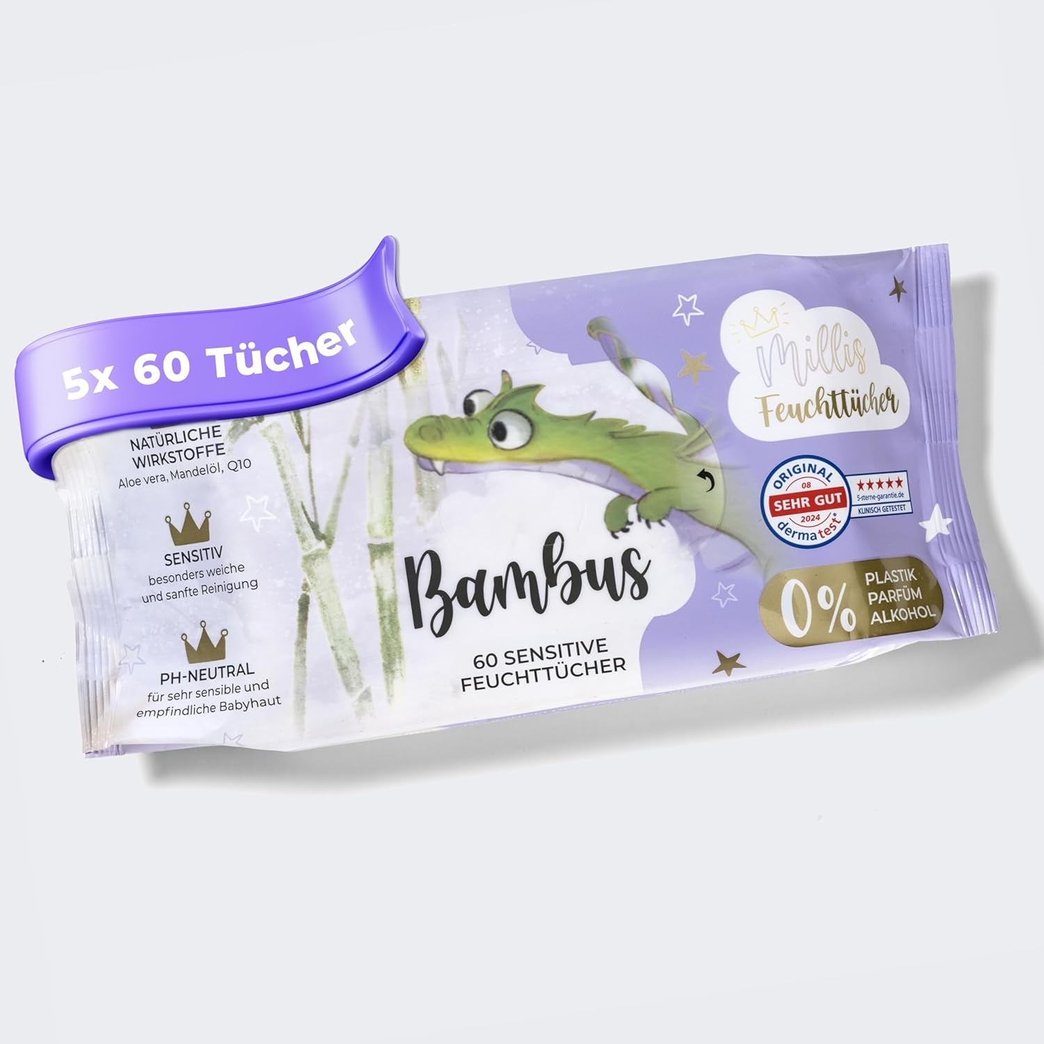 Millis Bamboo Baby Sensitive vochtige doekjes voor de gevoelige babyhuid - 5 x 60 stuks - Natuurlijke, zachte en duurzame reiniging - Biologisch afbreekbare babydoekjes, plasticvrij en alcoholvrij