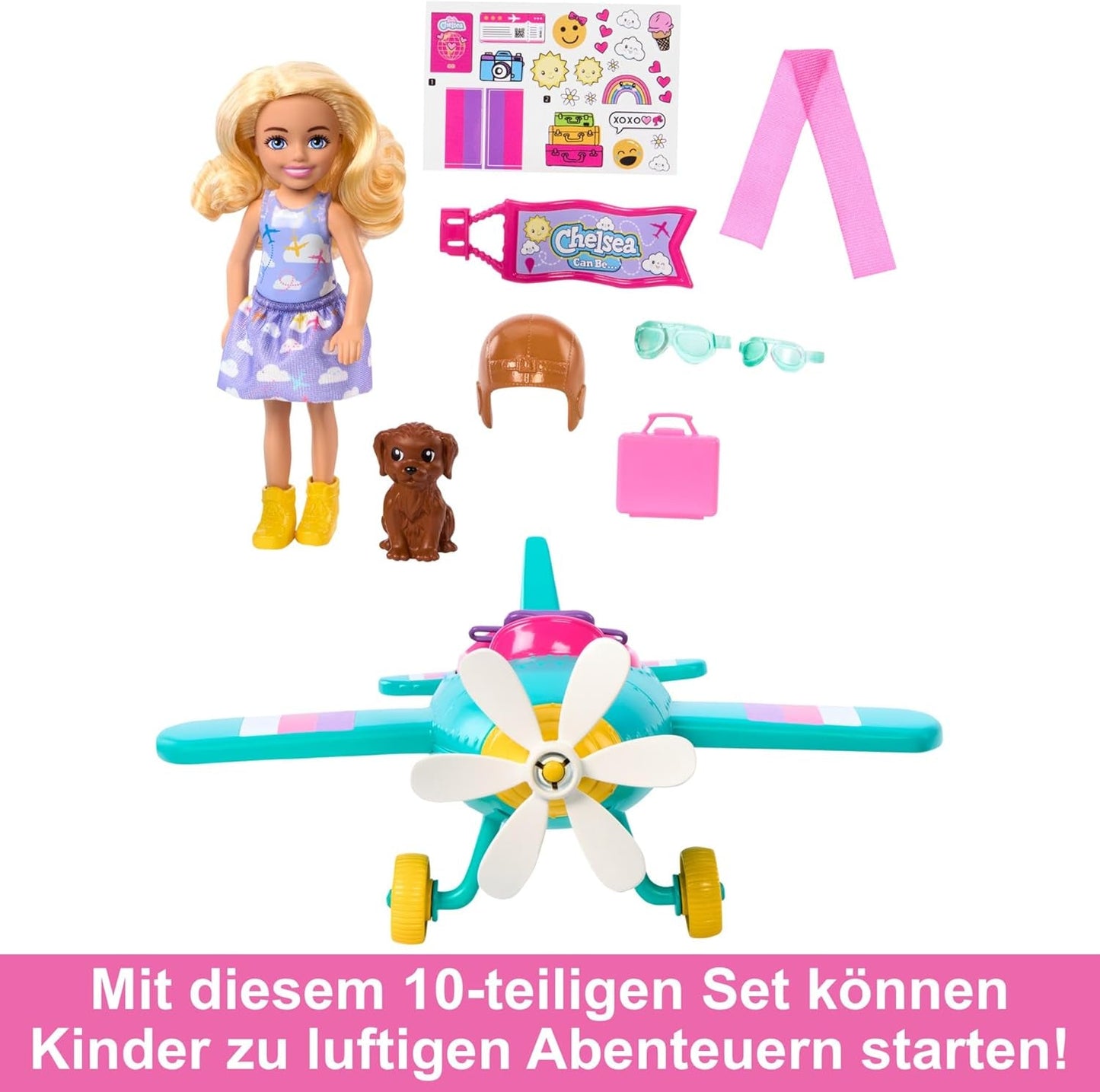 Chelsea Barbie-pop vliegtuig en speelset - pilootpop, vliegtuig-, puppy- en verhaalaccessoires, draaiende wielen en bloemenpropellers, vanaf 3 jaar, HTK38
