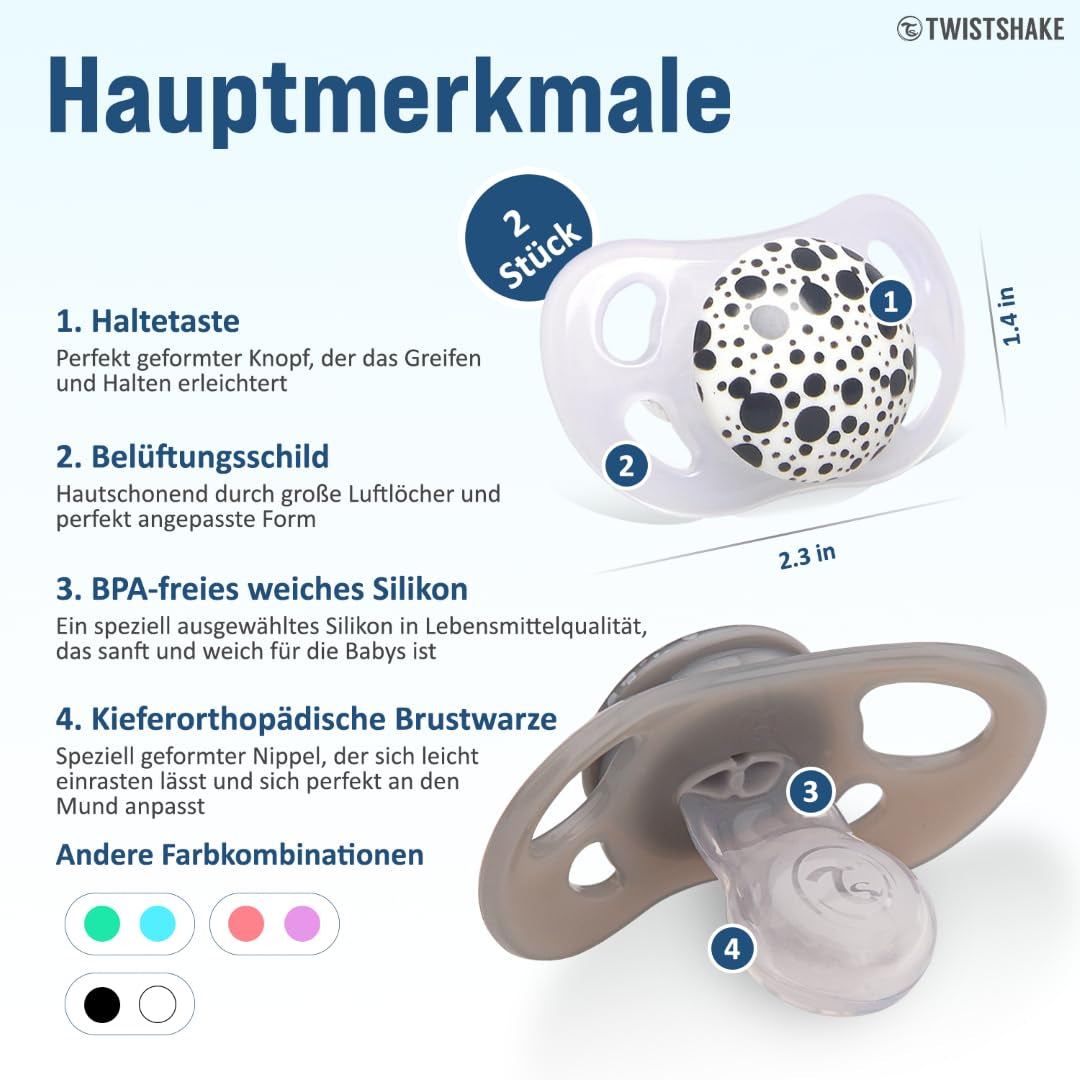 Twistshake Babyfopspenen – 2 stuks | Orthodontische vorm | Ultralicht | Zachte siliconen speen | BPA-vrij | Geschikt voor baby's vanaf 6 maanden | Grijs-wit