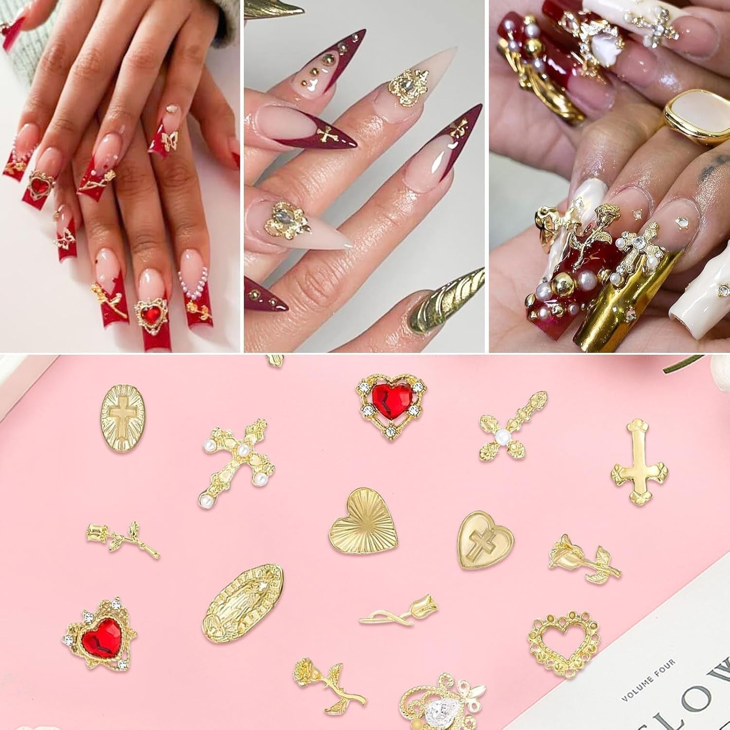Gouden nagelbedels 80 stuks kruis roos hart Maagd Maria nagel edelstenen metaallegering nagelaccessoires voor manicure ontwerp decoraties doe-het-zelf ambachten